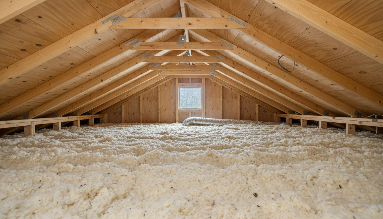 Eye-level view of fresh attic insulation spread evenly between ceiling joists.