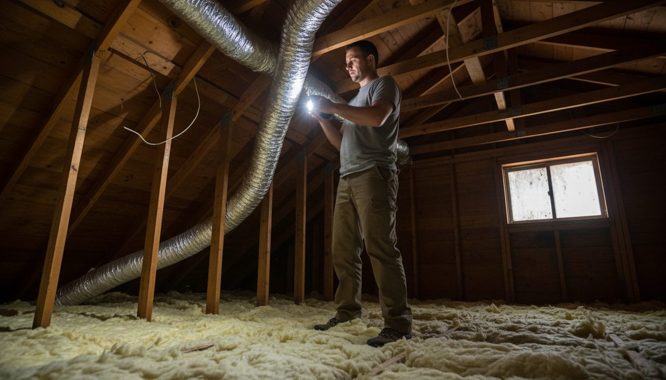 Low-angle view of an HVAC technician inspecting attic ductwork with a flashlight.