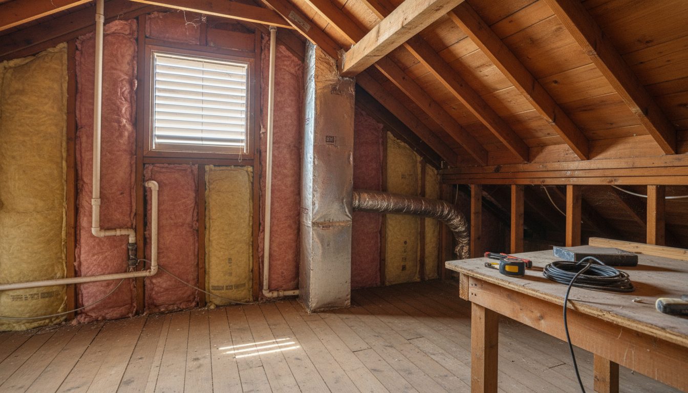 Wide-angle view of a warm residential attic with insulation and roof rafters.