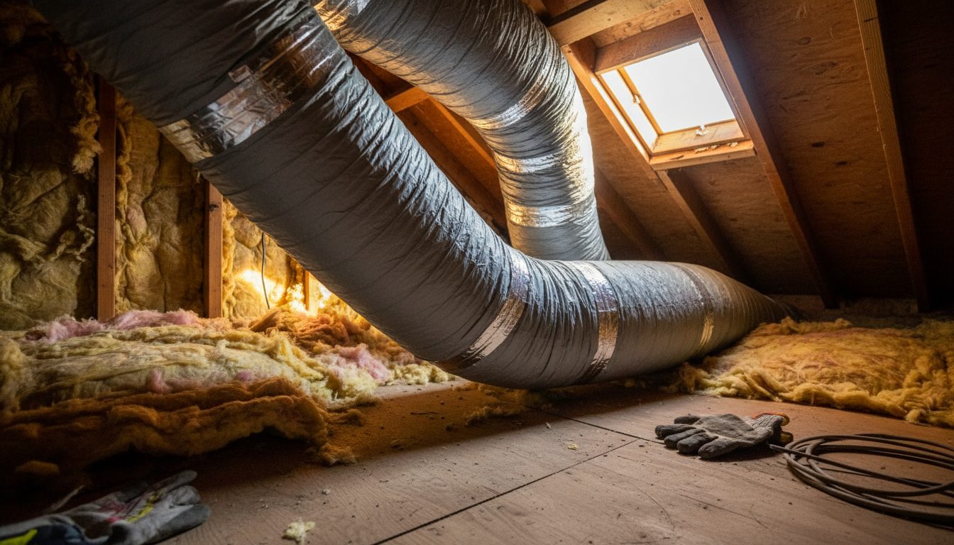Close-up of insulated HVAC ductwork running through a residential attic.