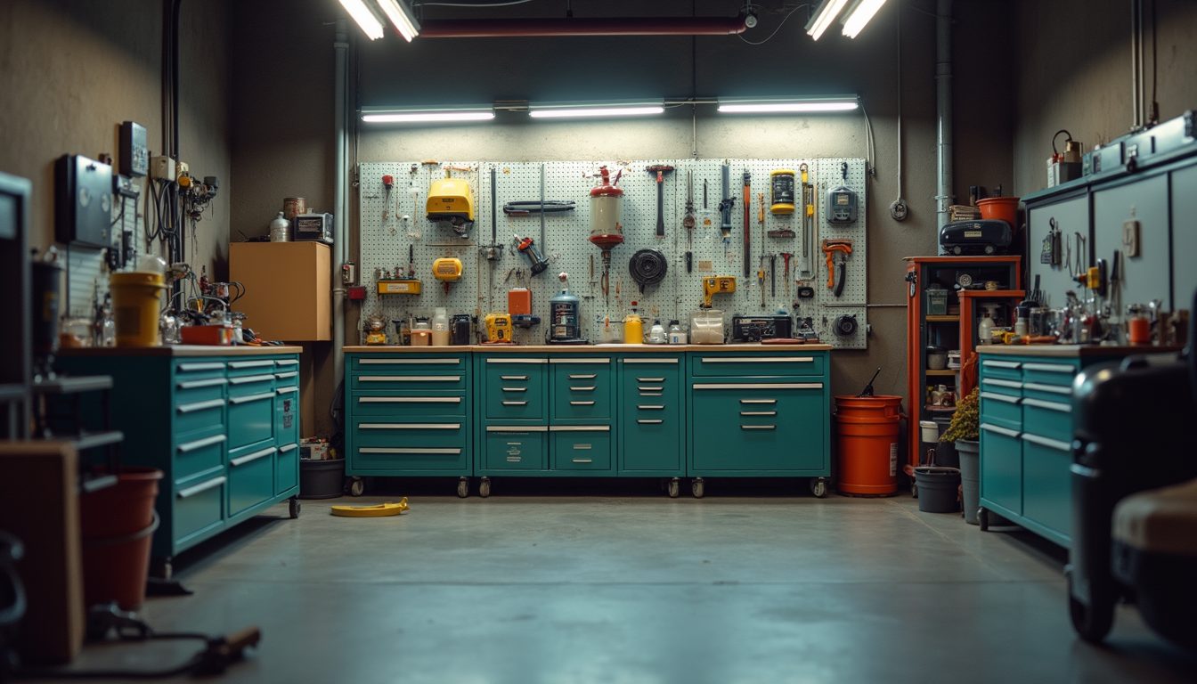 Wide angle view of HVAC maintenance tools organized in a garage