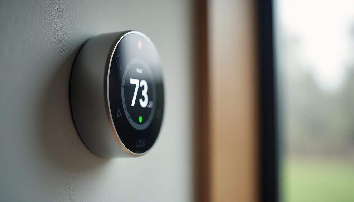 Eye-level view of a modern smart thermostat mounted on a wall