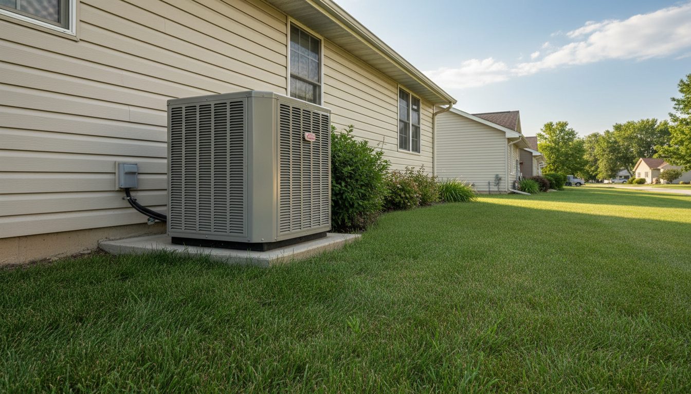 Medium shot view of an outdoor central air conditioner beside a Joliet home in summer