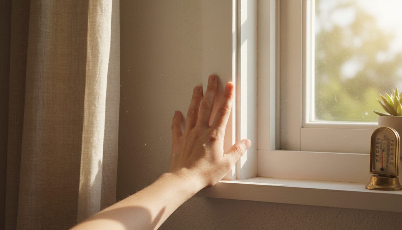 Eye-level view of a homeowner hand checking airflow near a closed window frame