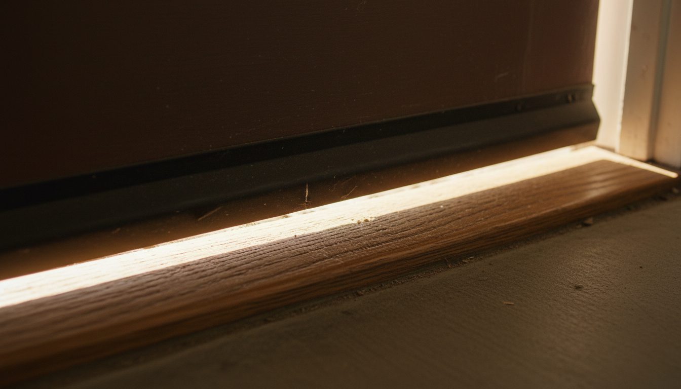 Close-up view of sunlight coming through a small gap under an exterior door