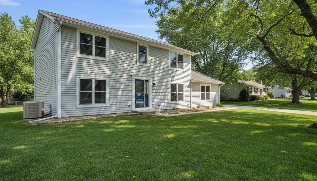 Wide-angle view of a Joliet home exterior with closed windows and a front door on a summer day