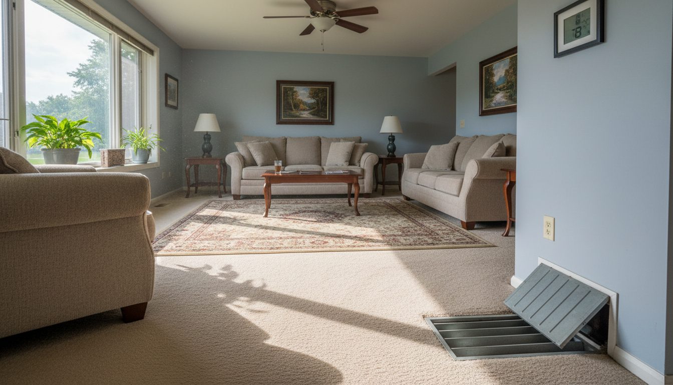 Wide-angle view of a sunny Joliet living room with uneven light and closed air vents.