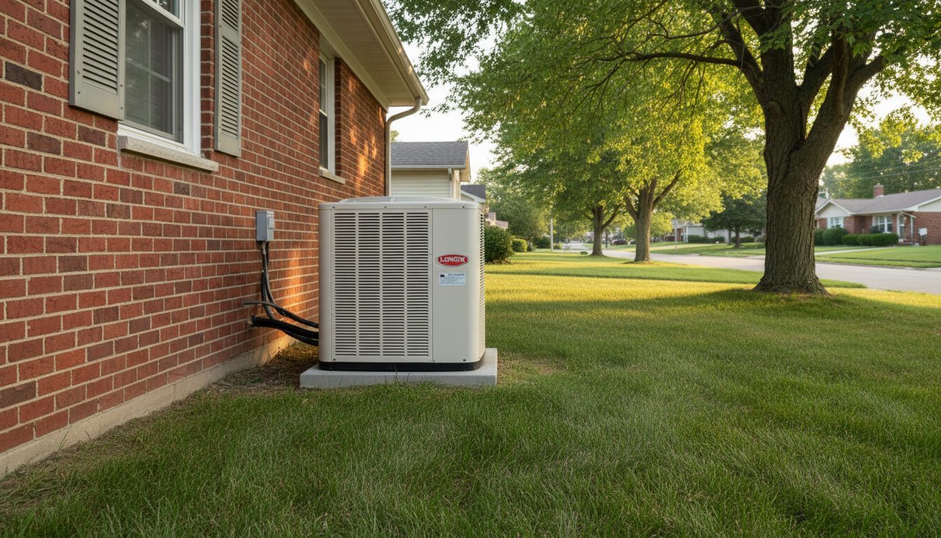 Eye-level view of an outdoor AC condenser beside a Joliet brick home in summer.