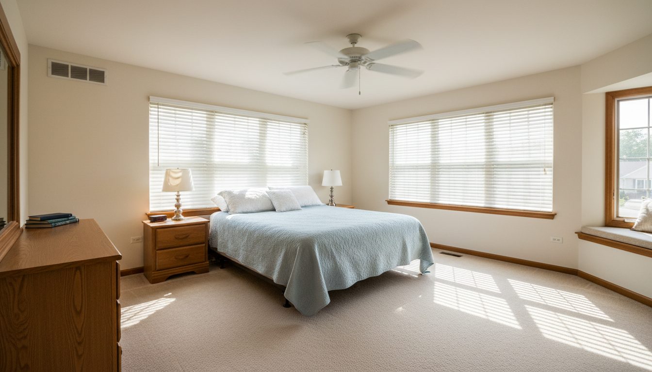 Wide-angle view of an upstairs bedroom with sunlight through blinds and a ceiling fan.