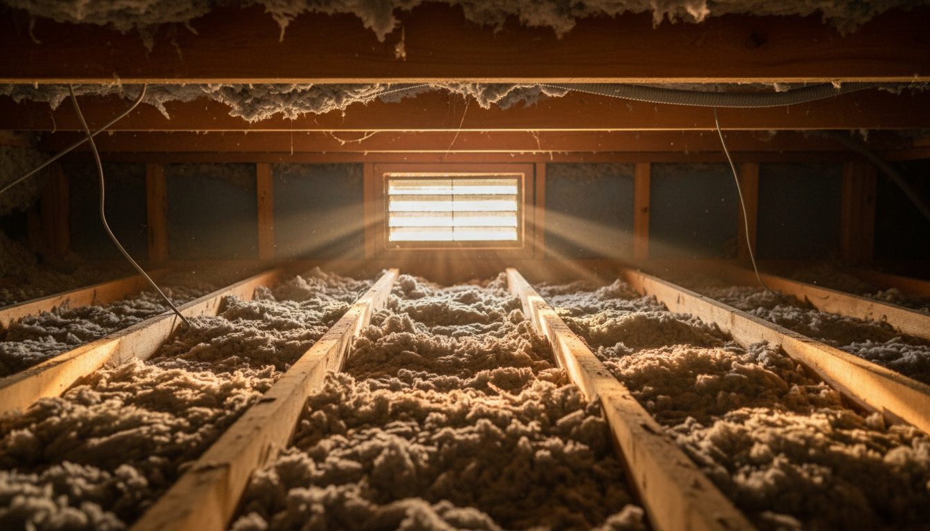 Close-up view of attic insulation near a ceiling joist in a suburban Illinois home.