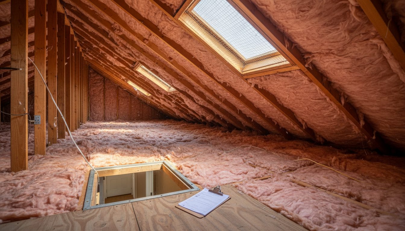 Close-up view of attic insulation above an upstairs bedroom