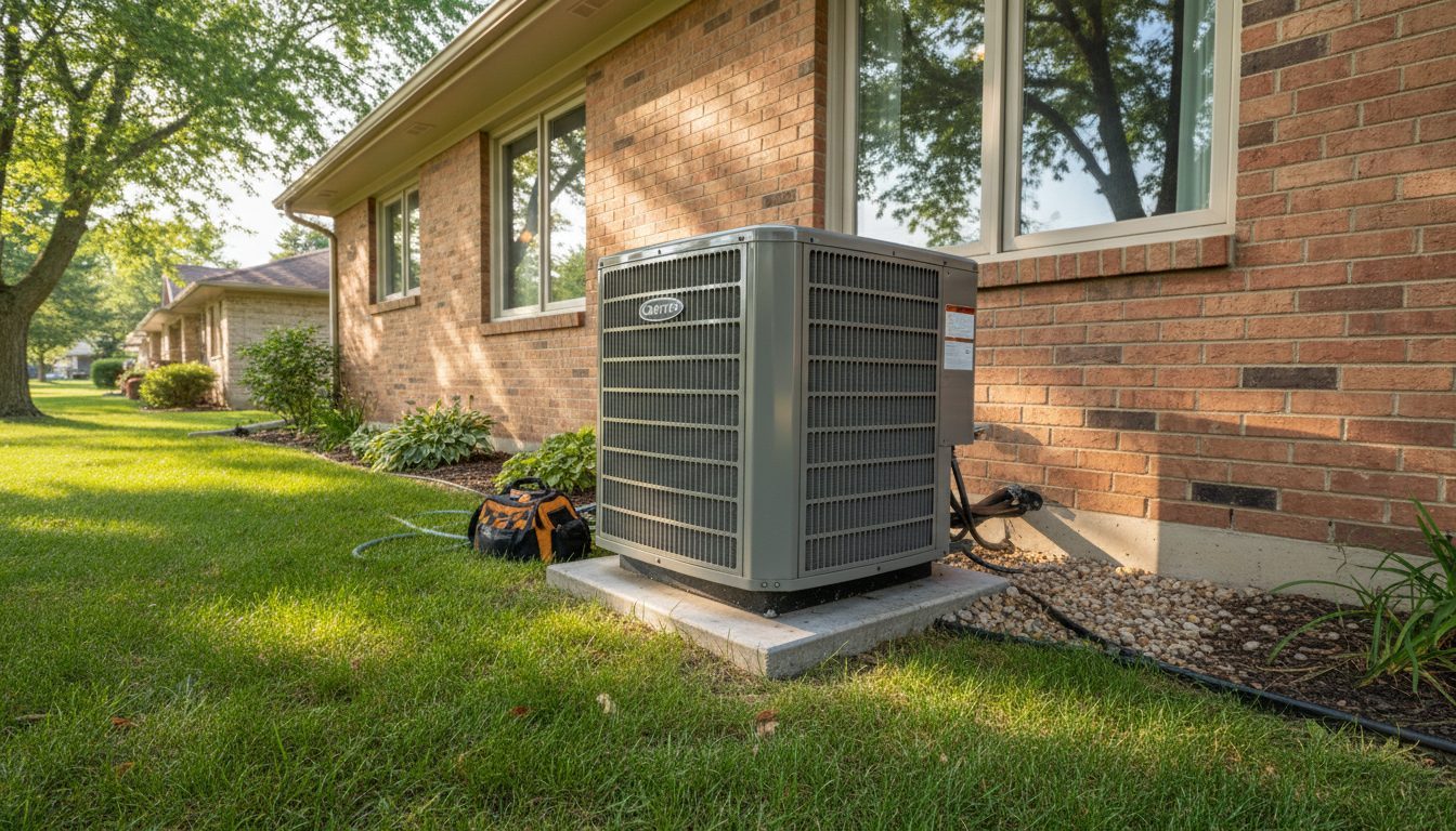 Low-angle view of an outdoor air conditioner beside a Joliet home