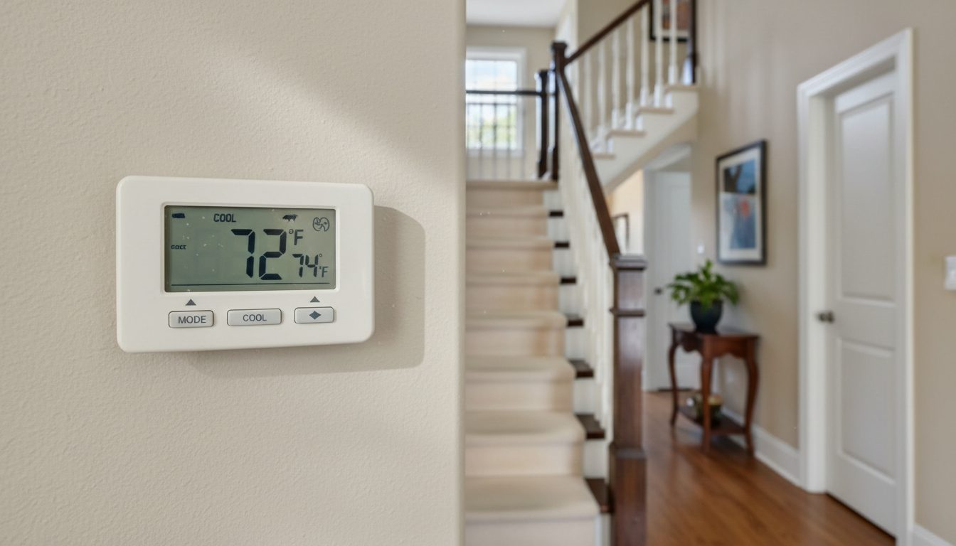Eye-level view of a hallway thermostat in a two-story home